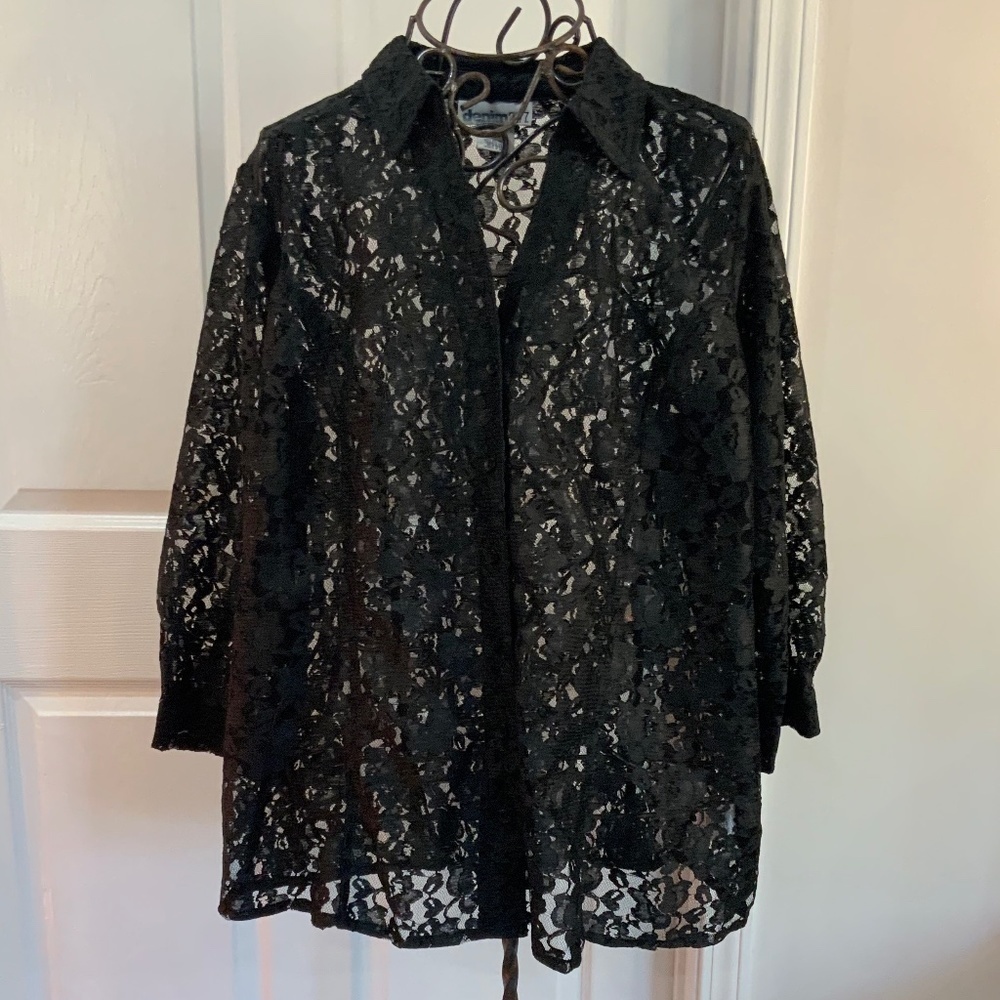 Denim 24/7 Black Floral Lace Button Front Sheer Blouse Size 26 Goth Romantic